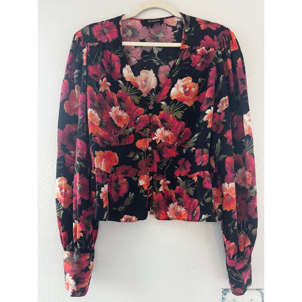 The Kooples Paris Floral 100% Silk Peplum Top